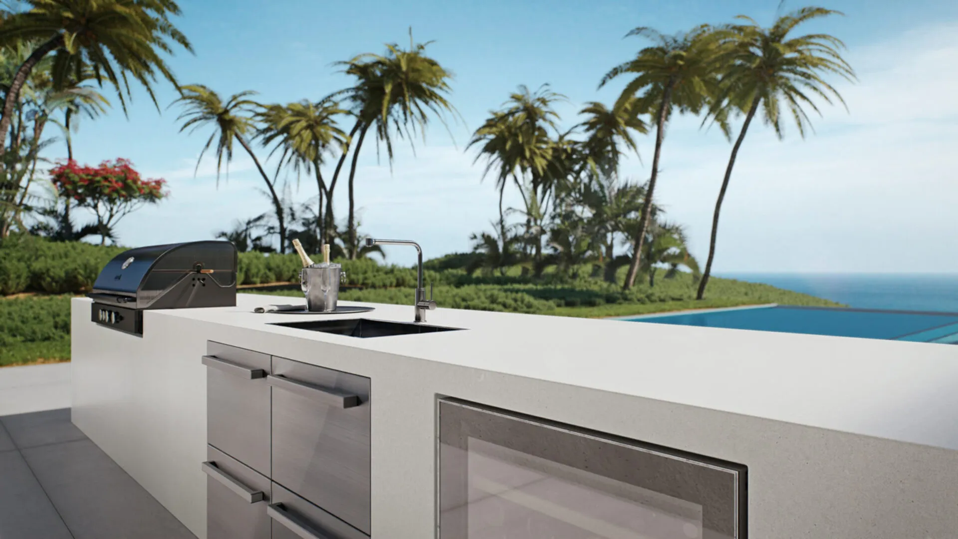Image of installed Caesarstone Midday Grey Quartz countertops