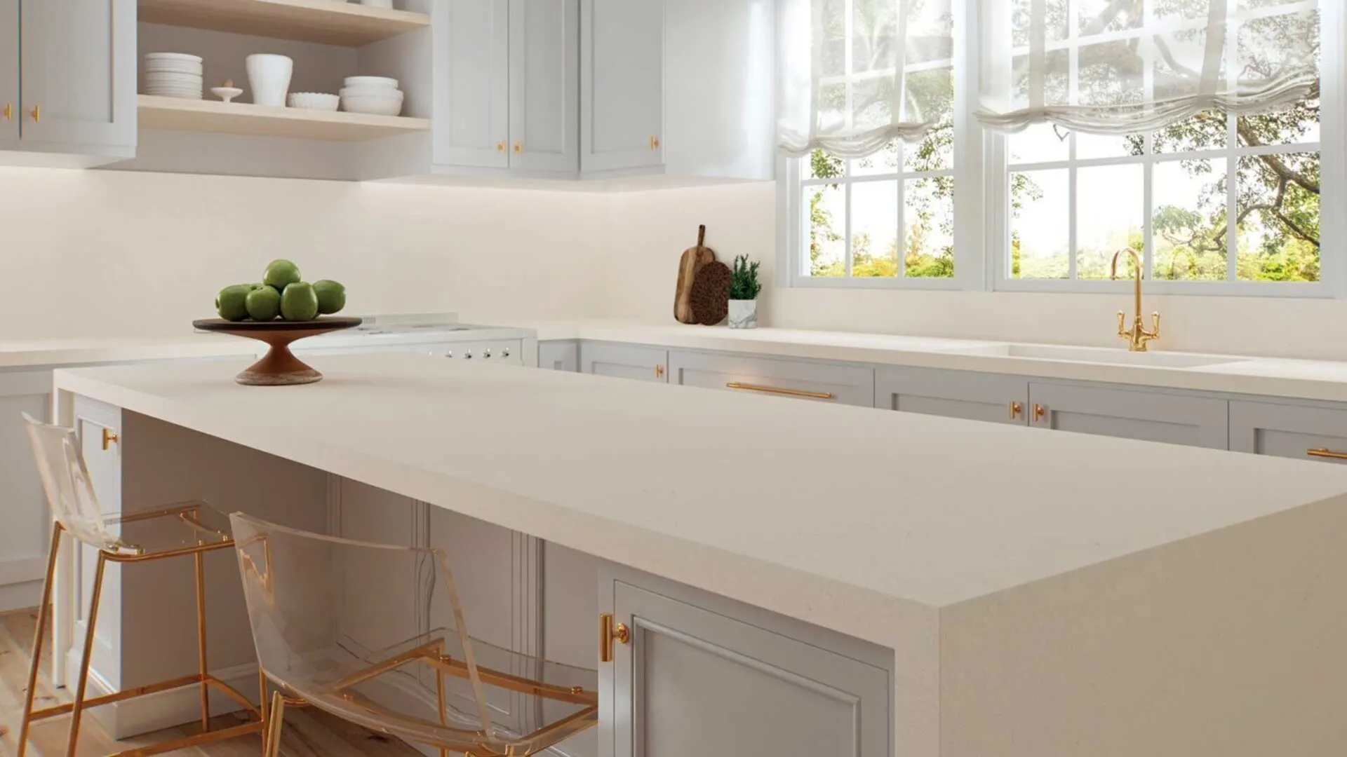 Image of installed Caesarstone Riverlet Quartz countertops
