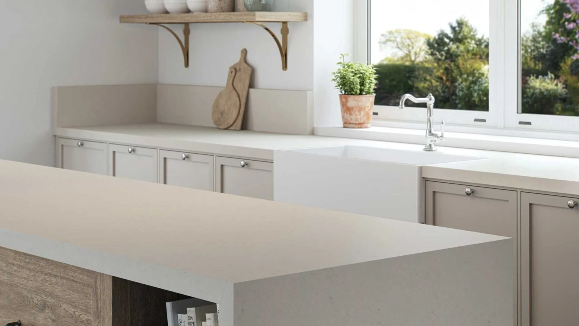 Image of installed Caesarstone Stoneburst Grey Quartz countertops