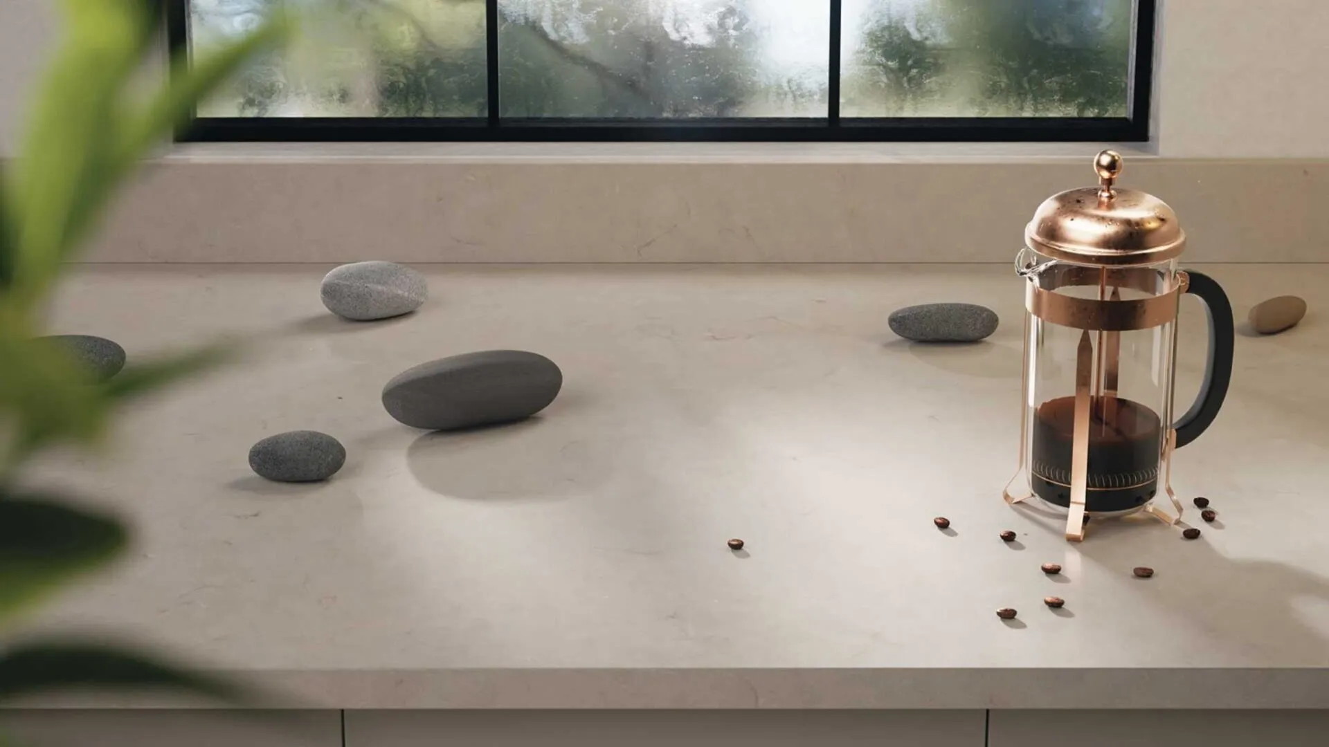 Image of installed Caesarstone Wyndigo Quartz countertops