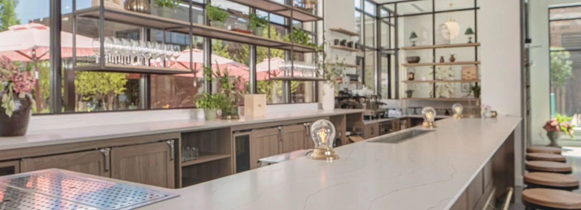 Image of installed Cambria Ella White Quartz countertops