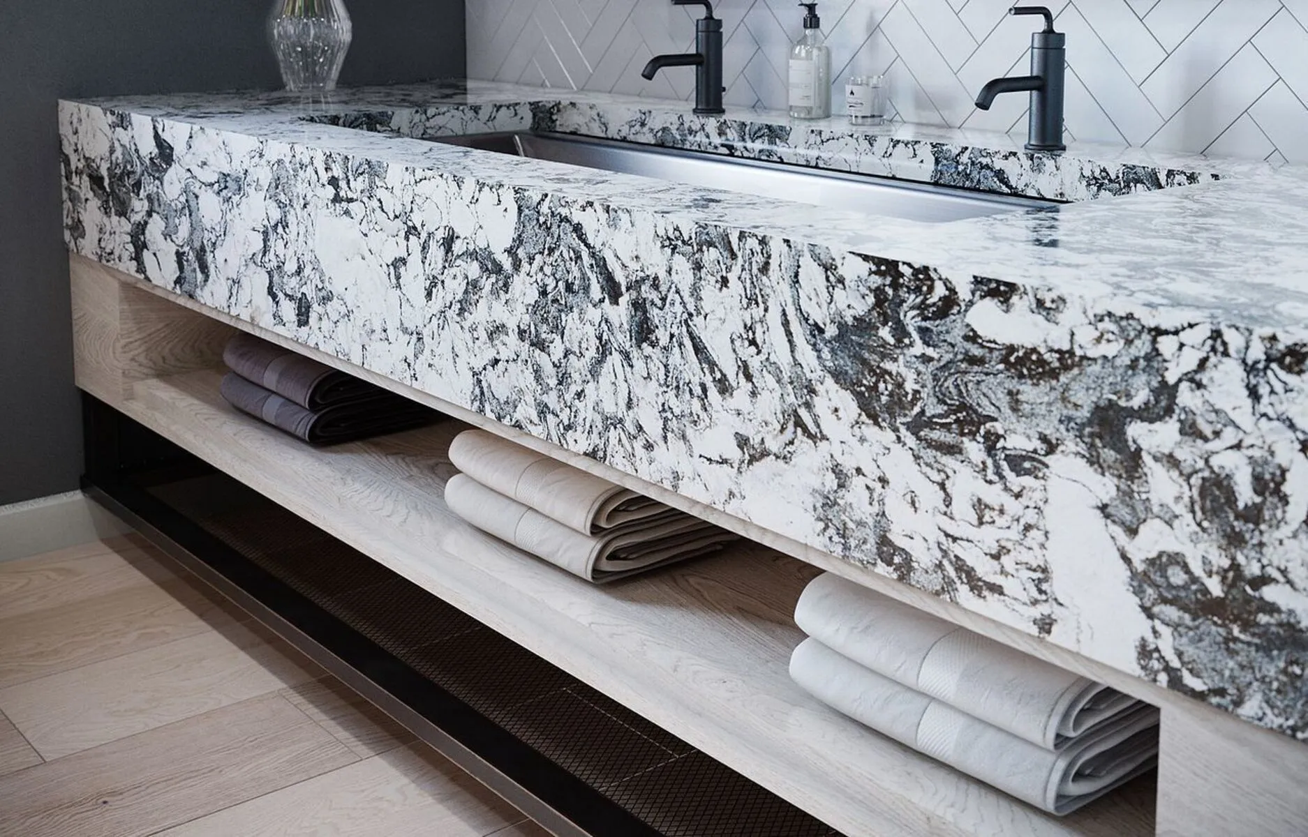 Image of installed Cambria Huntley White Quartz countertops