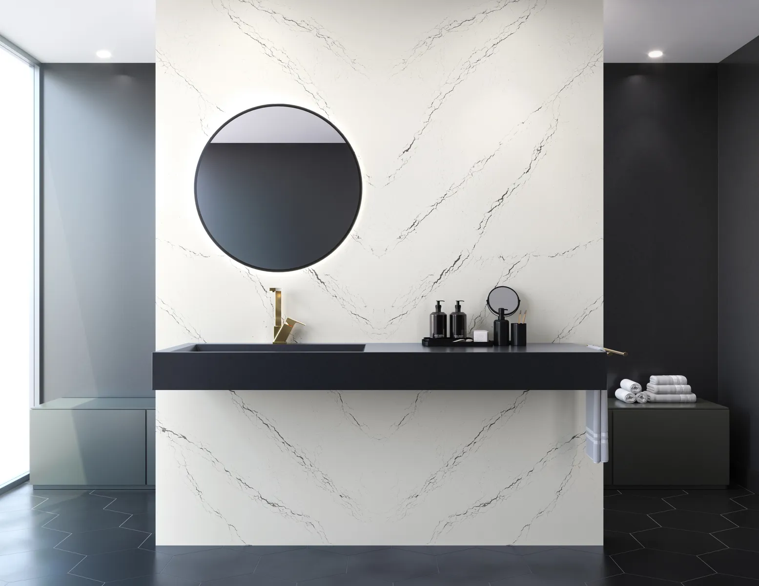 Image of installed Cambria Inverness Platinum White Quartz countertops