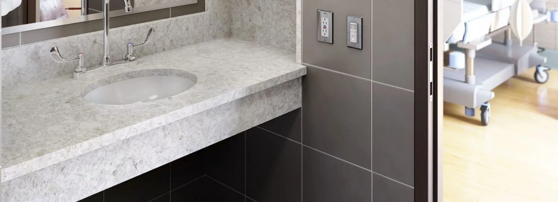 Image of installed Cambria Sandgate Grey Quartz countertops