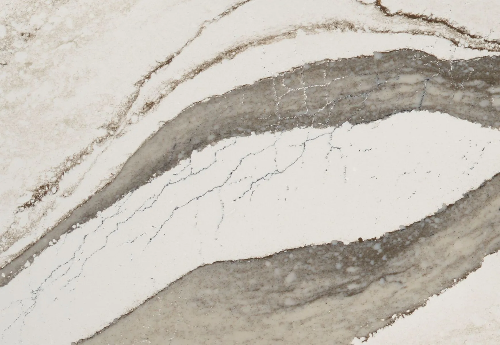 Closeup image of Cambria Skara Brae White Quartz countertop slab