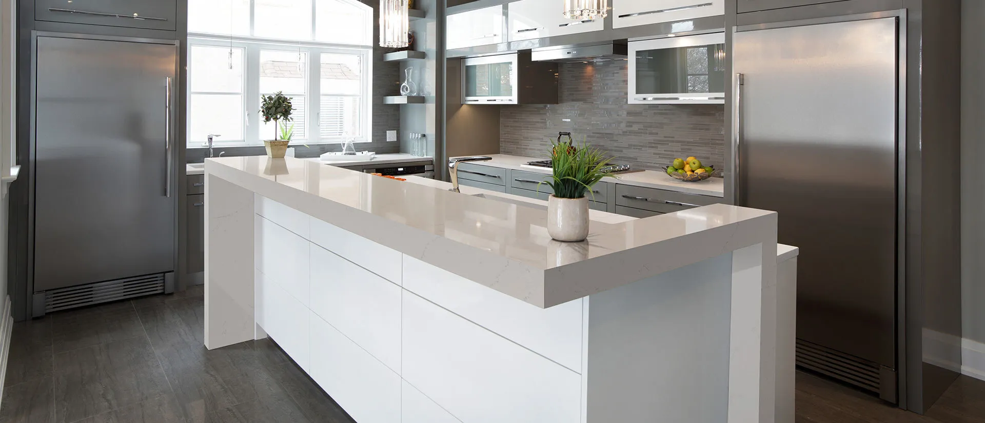Image of installed Q Quartz Alabaster White Quartz countertops