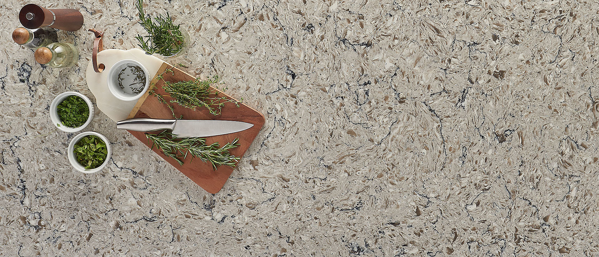 Image of installed Q Quartz Antico Cloud Quartz countertops