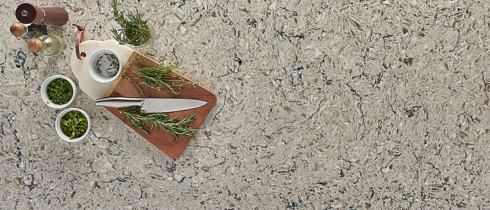 Image of installed Q Quartz Antico Cloud Quartz countertops