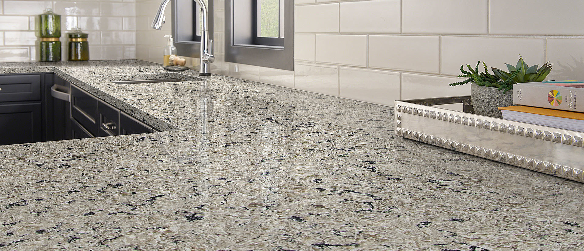 Image of installed Q Quartz Antico Cloud Quartz countertops
