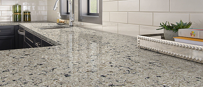 Image of installed Q Quartz Antico Cloud Quartz countertops