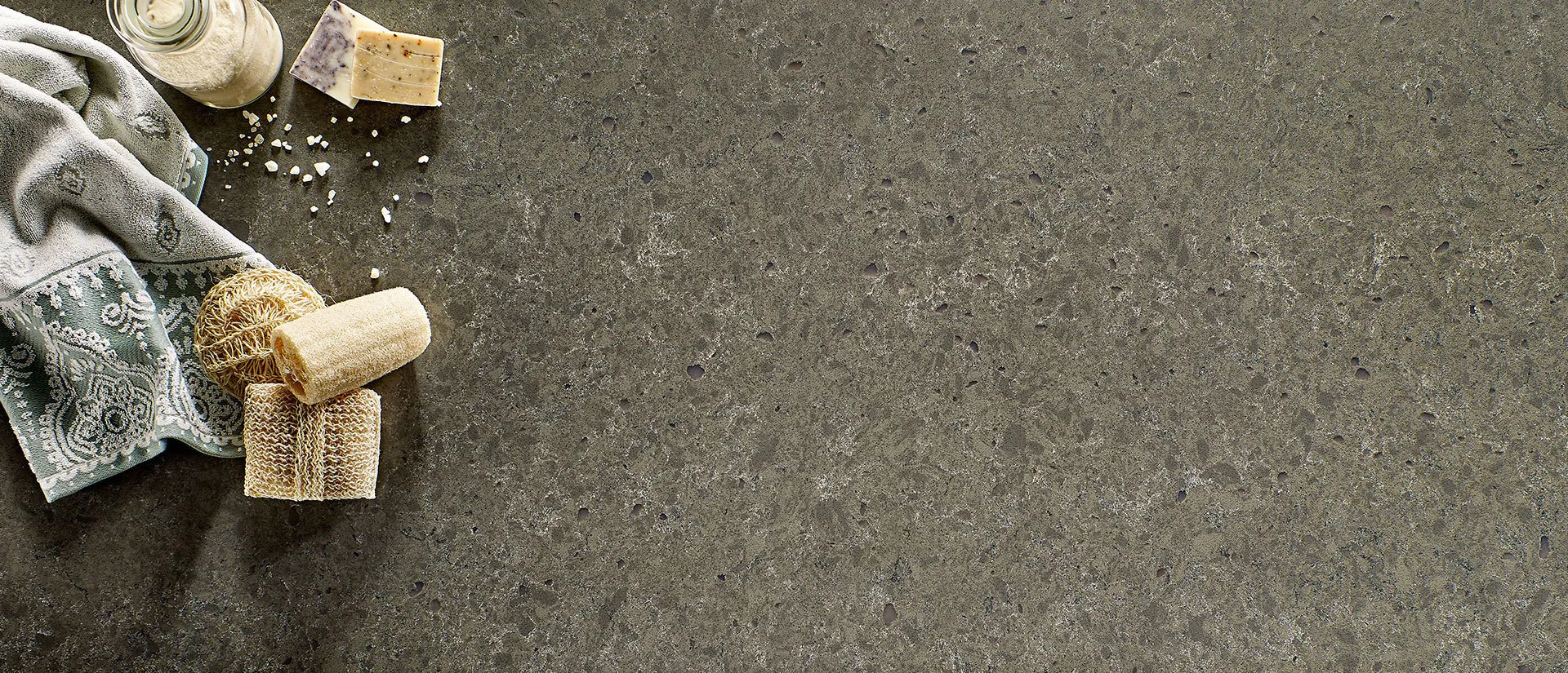 Image of installed Q Quartz Babylon Gray Quartz countertops