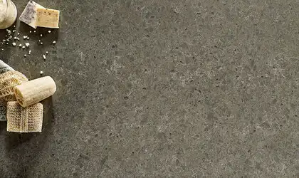 Image of installed Q Quartz Babylon Gray Quartz countertops