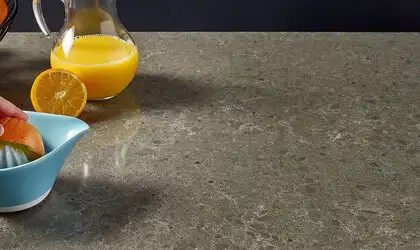 Image of installed Q Quartz Babylon Gray Quartz countertops