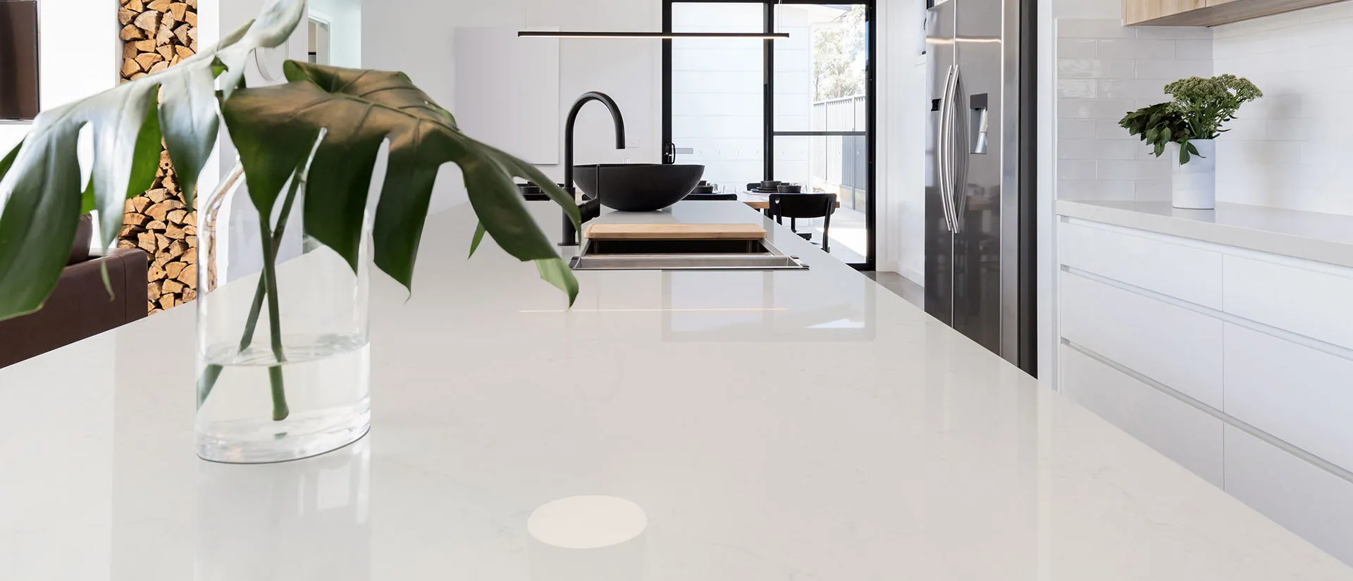 Image of installed Q Quartz Calacatta Botanica Quartz countertops