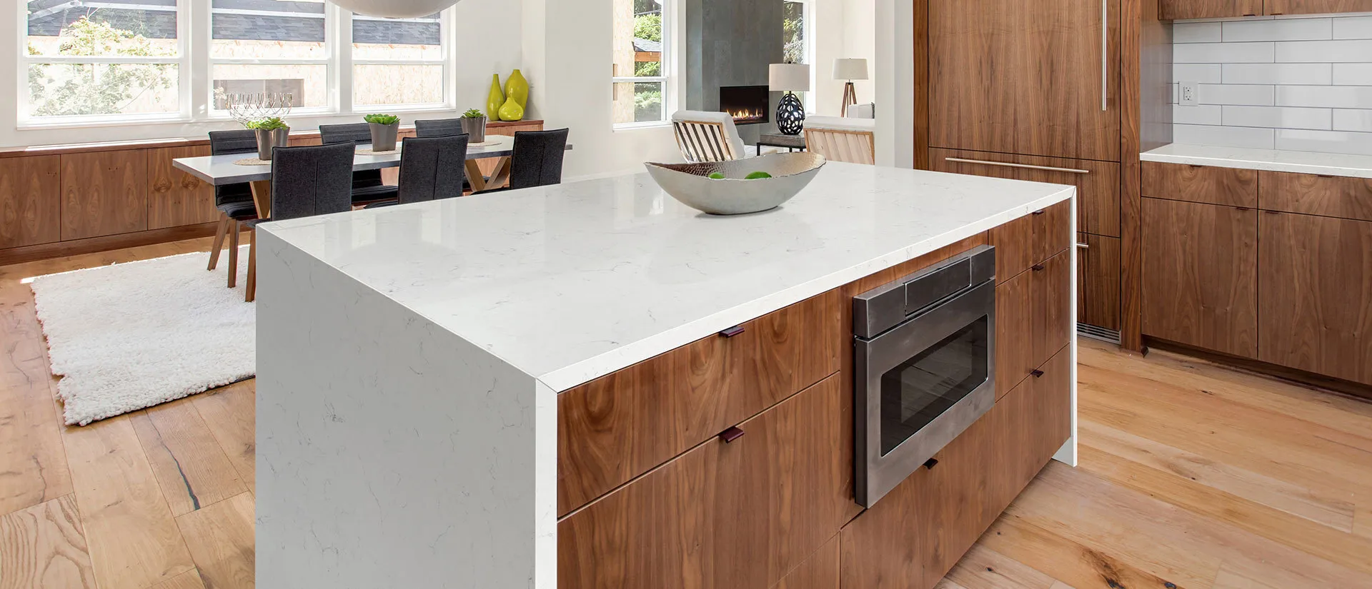 Image of installed Q Quartz Carrara Delphi Quartz countertops
