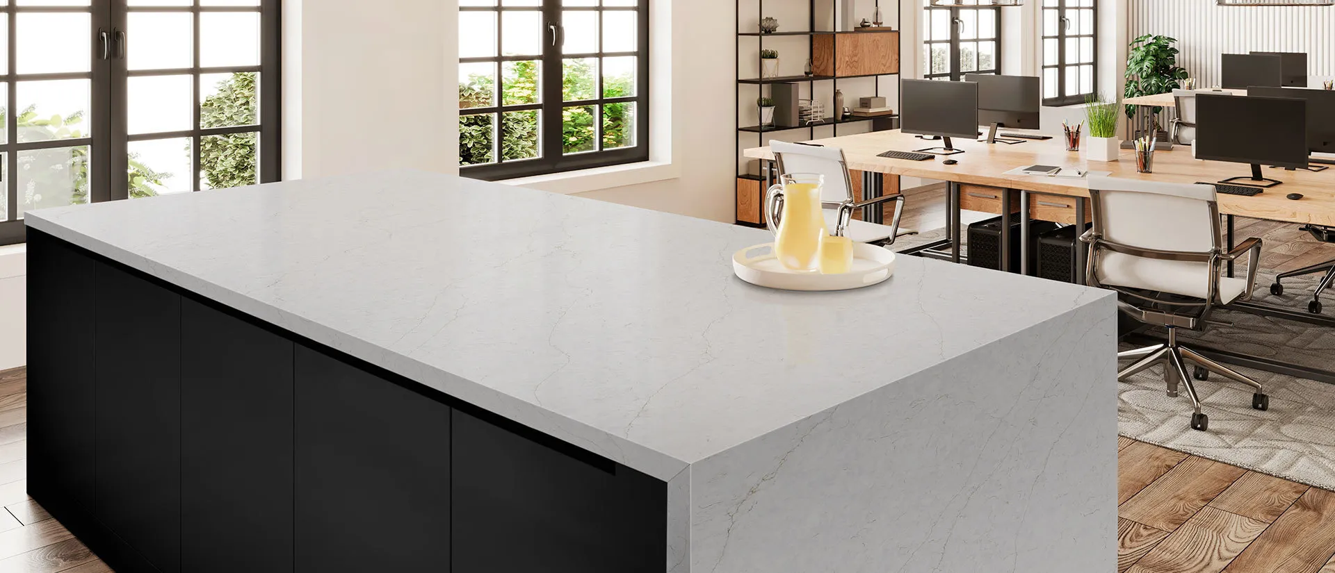 Image of installed Q Quartz Calacatta Karmelo Quartz countertops