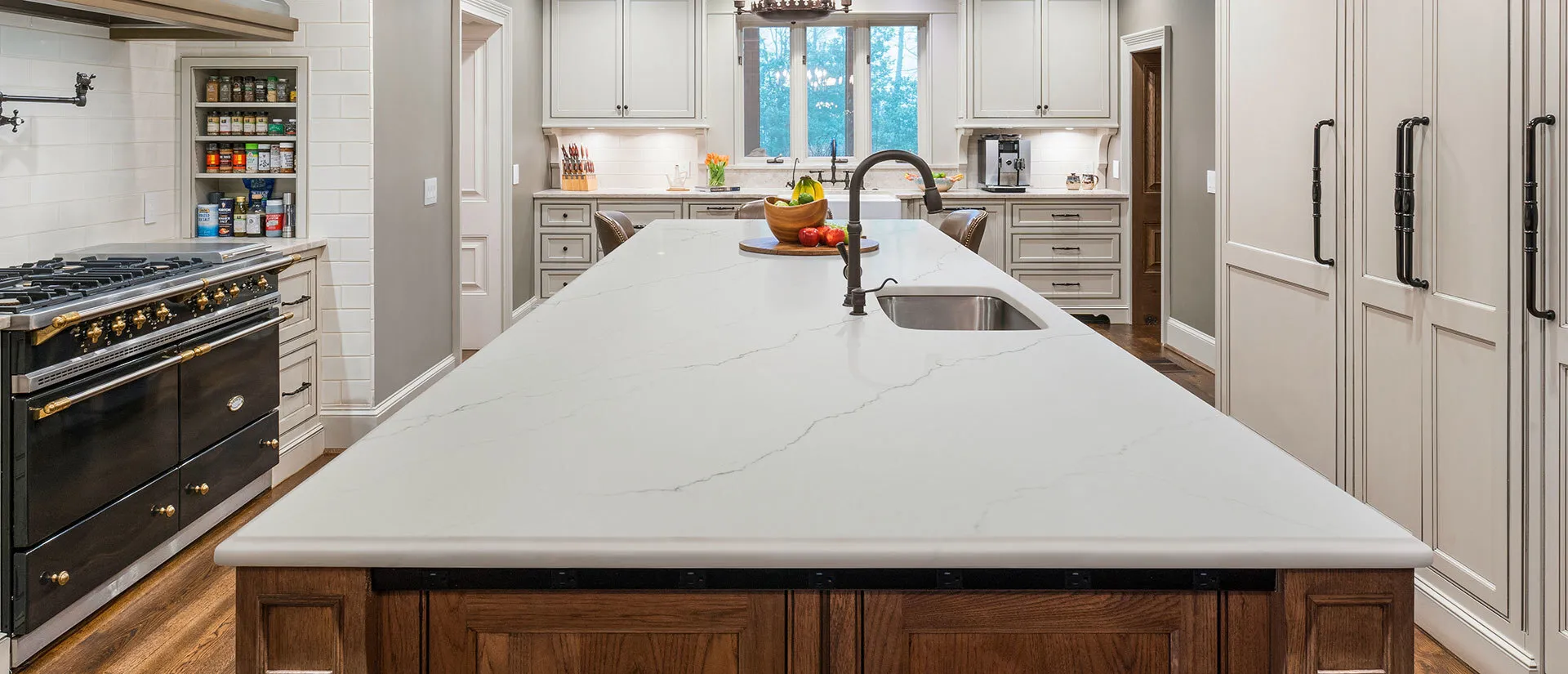 Image of installed Q Quartz Calacatta Miraggio Quartz countertops