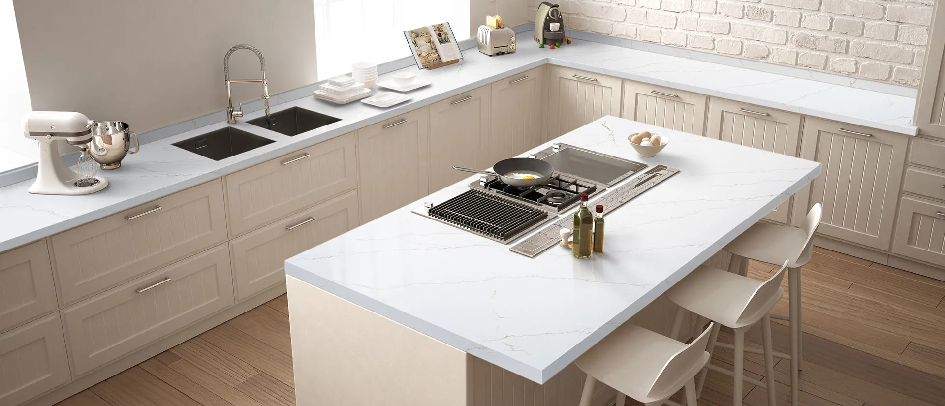 Image of installed Q Quartz Calacatta Miraggio Gold Quartz countertops