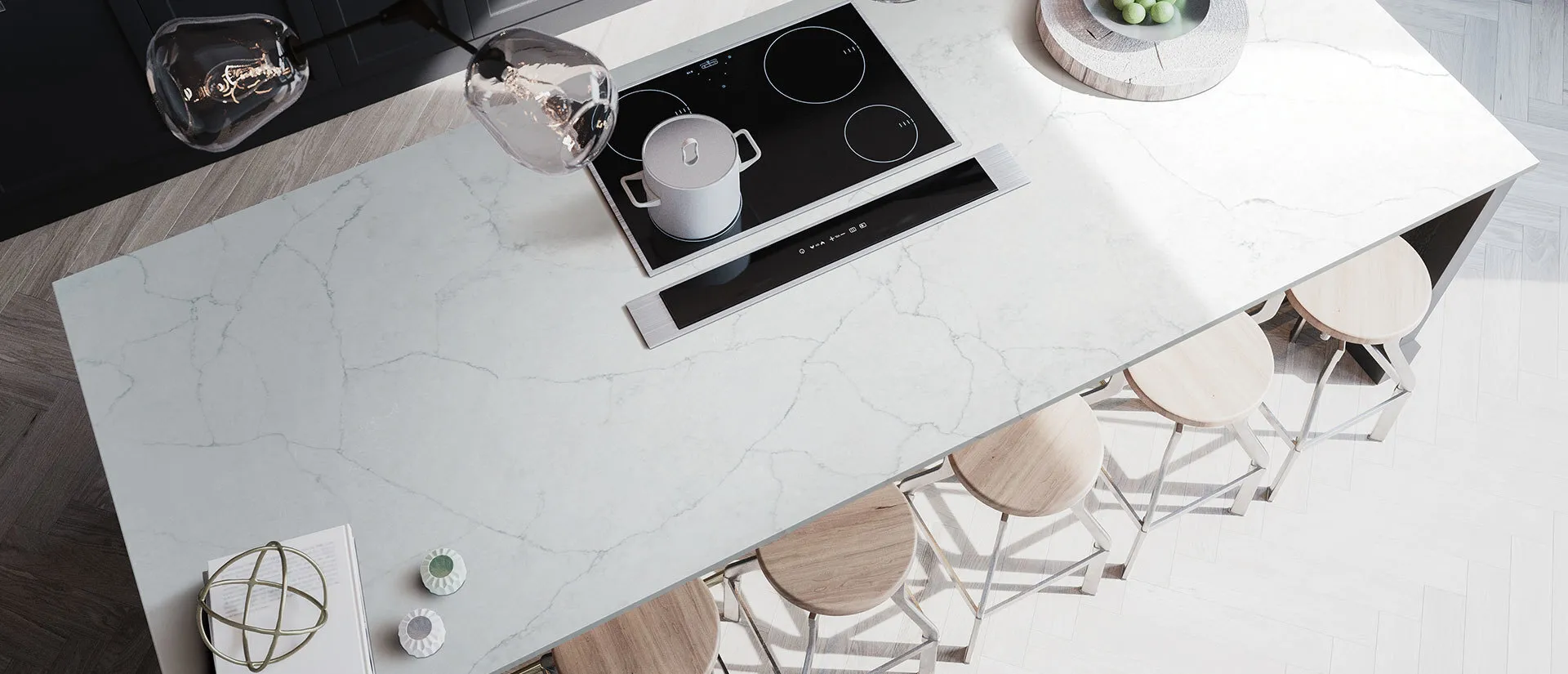Image of installed Q Quartz Calacatta Monaco White Quartz countertops