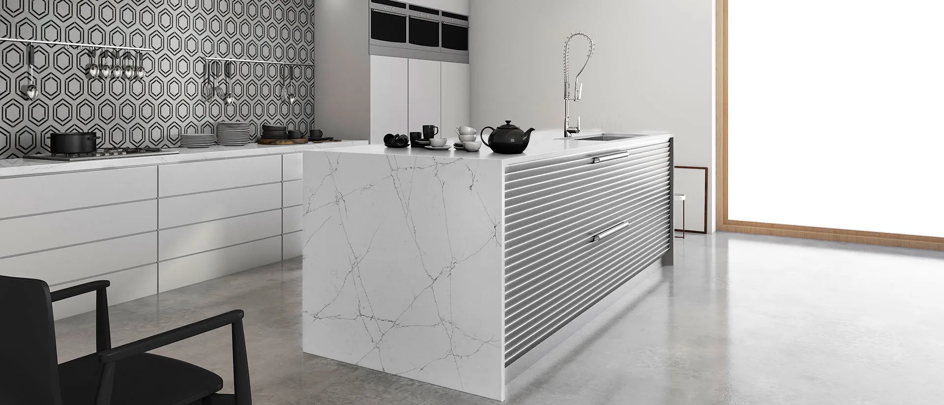 Image of installed Q Quartz Calacatta Montage Quartz countertops