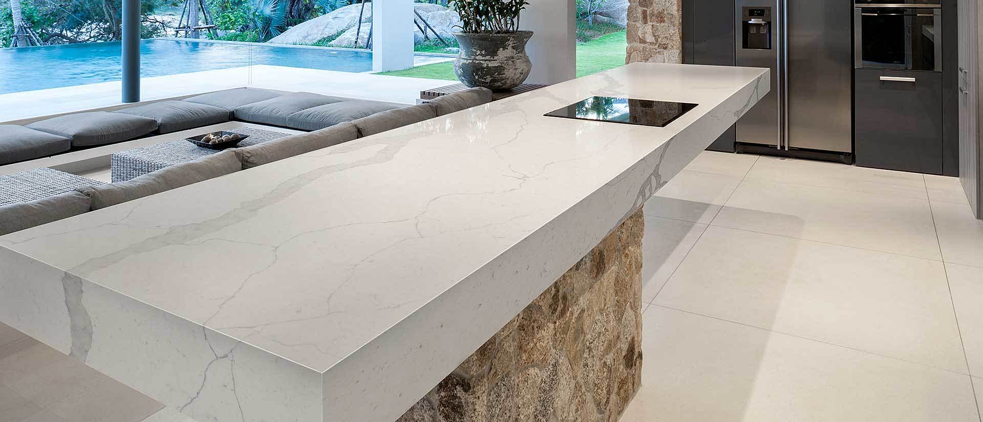Image of installed Q Quartz Calacatta Trento White Quartz countertops