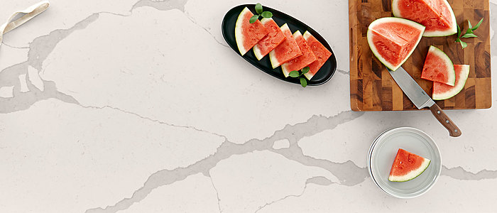 Image of installed Q Quartz Calacatta Trento White Quartz countertops