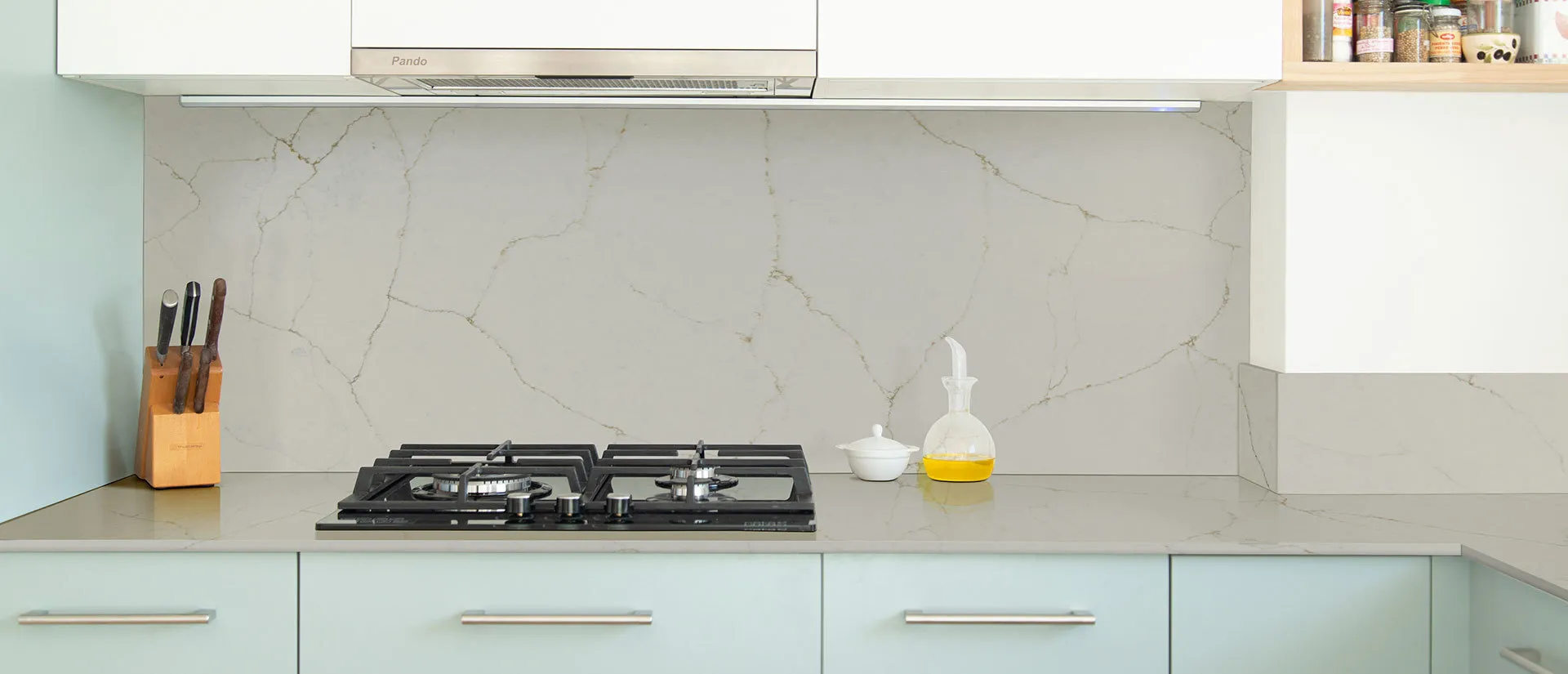 Image of installed Q Quartz Calacatta Valentin White Quartz countertops