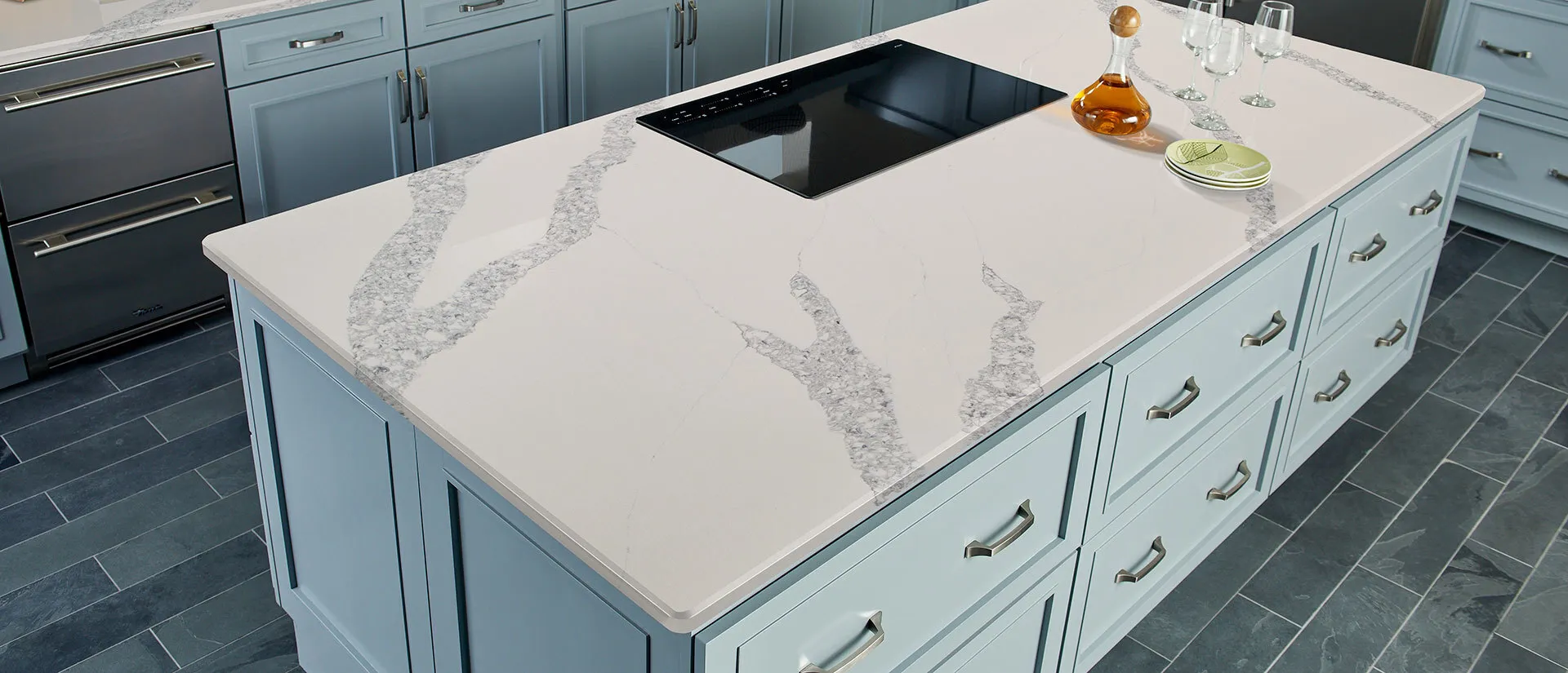 Image of installed Q Quartz Calacatta Venice White Quartz countertops