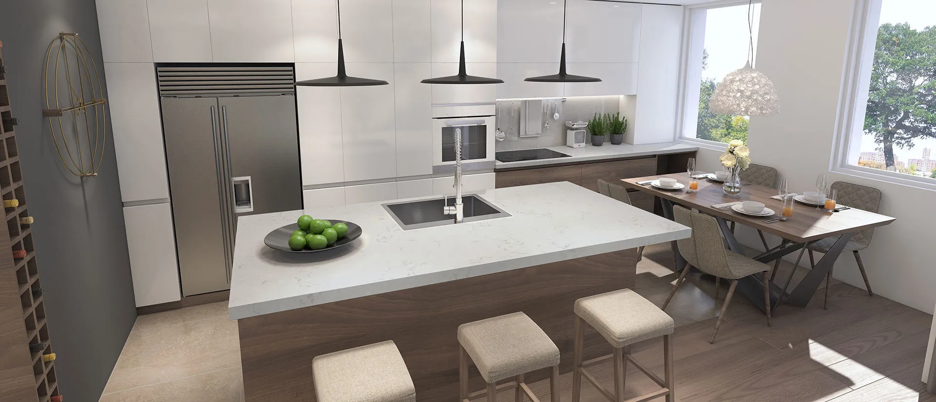 Image of installed Q Quartz Carrara Breve Quartz countertops