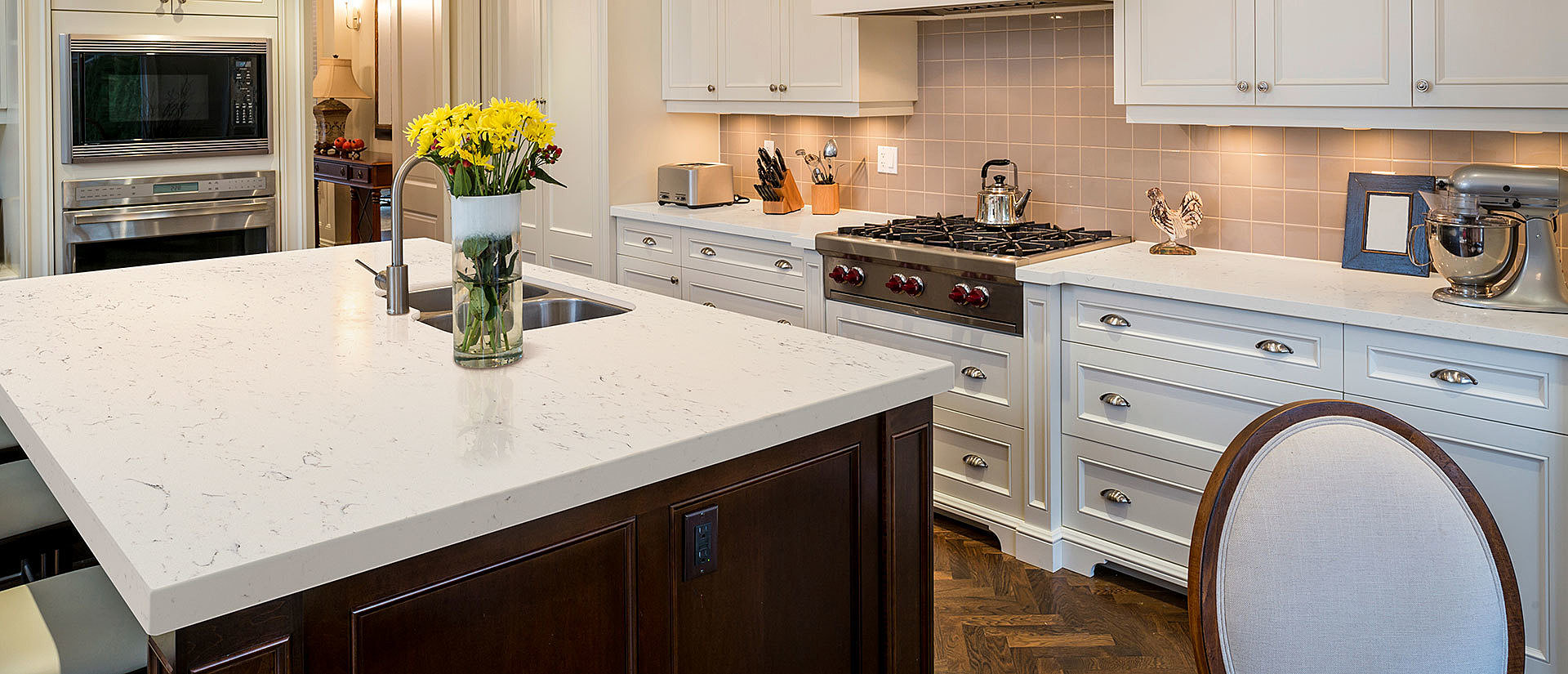 Image of installed Q Quartz Carrara Grigio White Quartz countertops