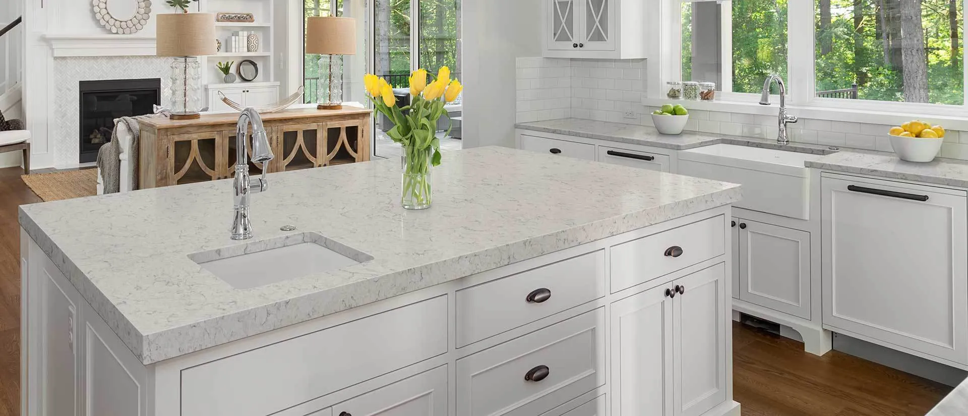 Image of installed Q Quartz Carrara Mist Cream Quartz countertops