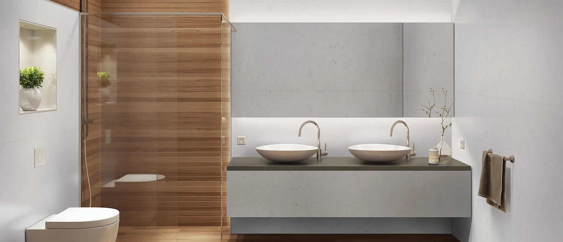 Image of installed Q Quartz Carrara Morro Quartz countertops
