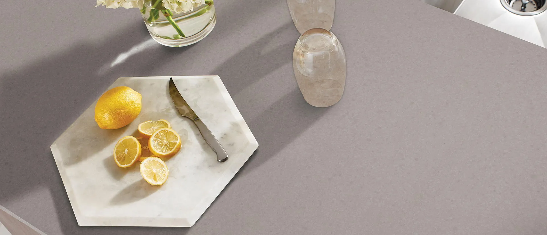 Image of installed Q Quartz Concerto Quartz countertops