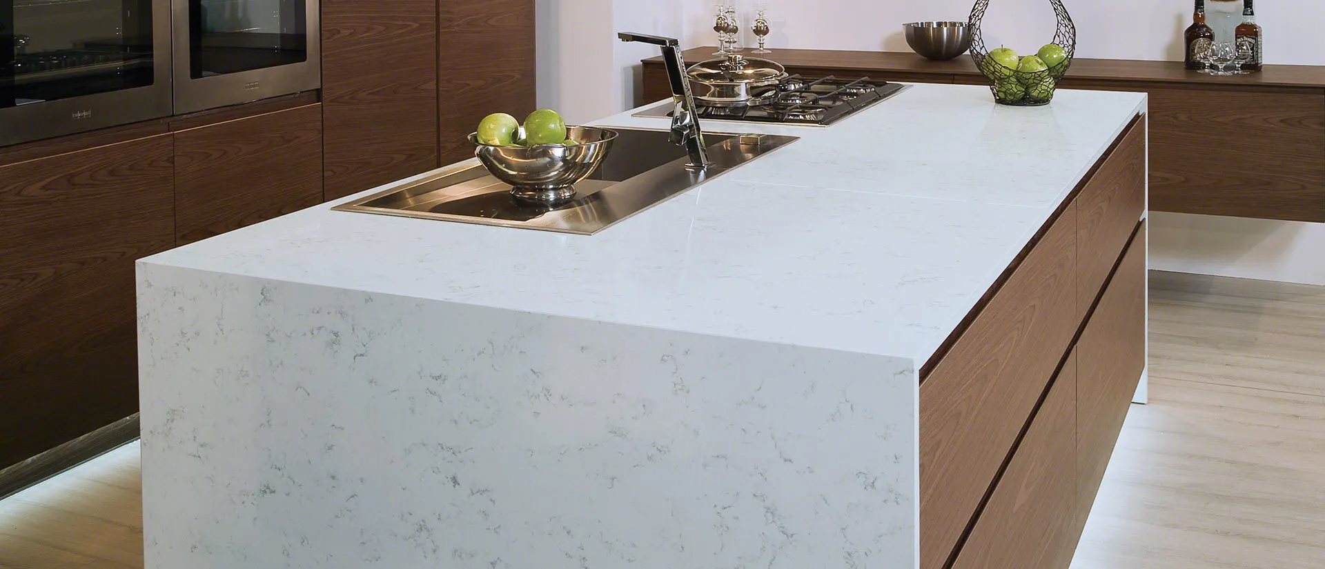 Image of installed Q Quartz Fairy White Quartz countertops