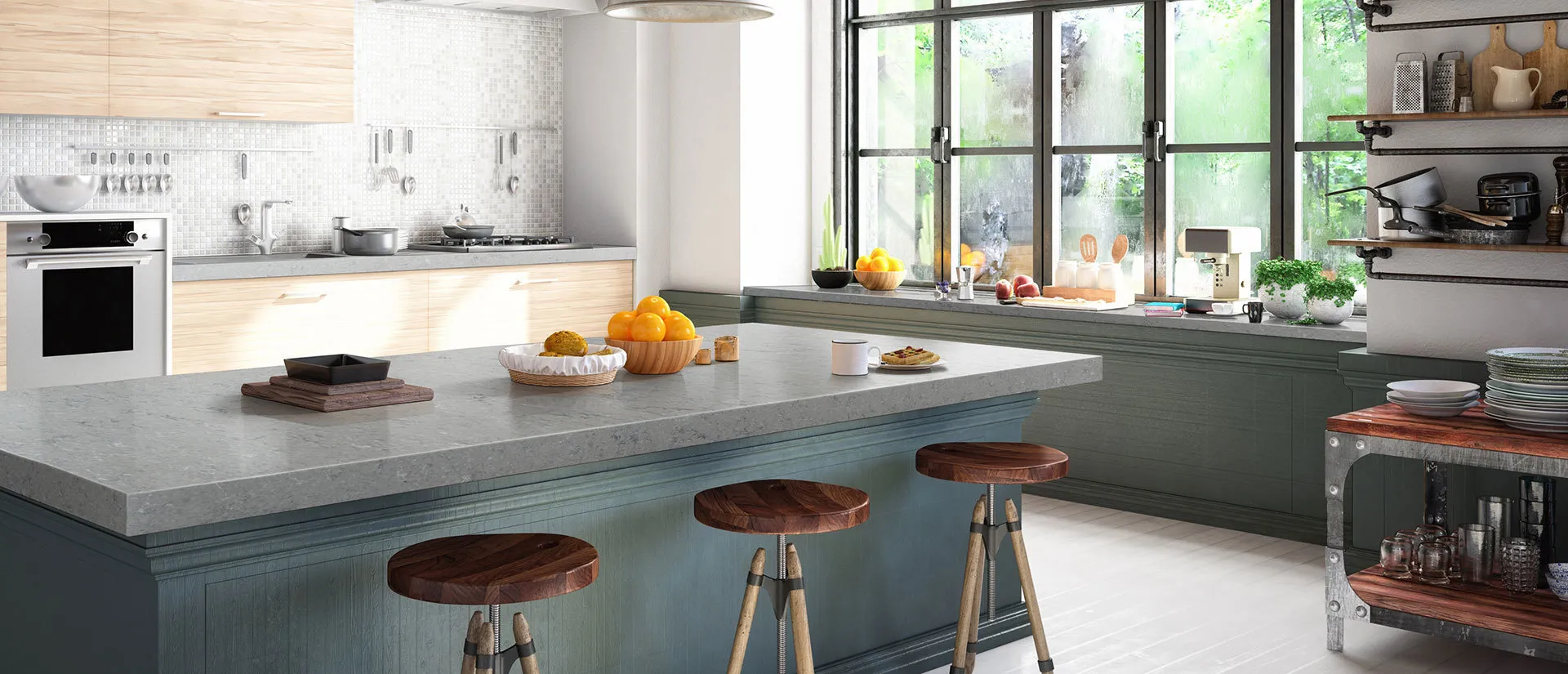 Image of installed Q Quartz Fantasy Gray Quartz countertops