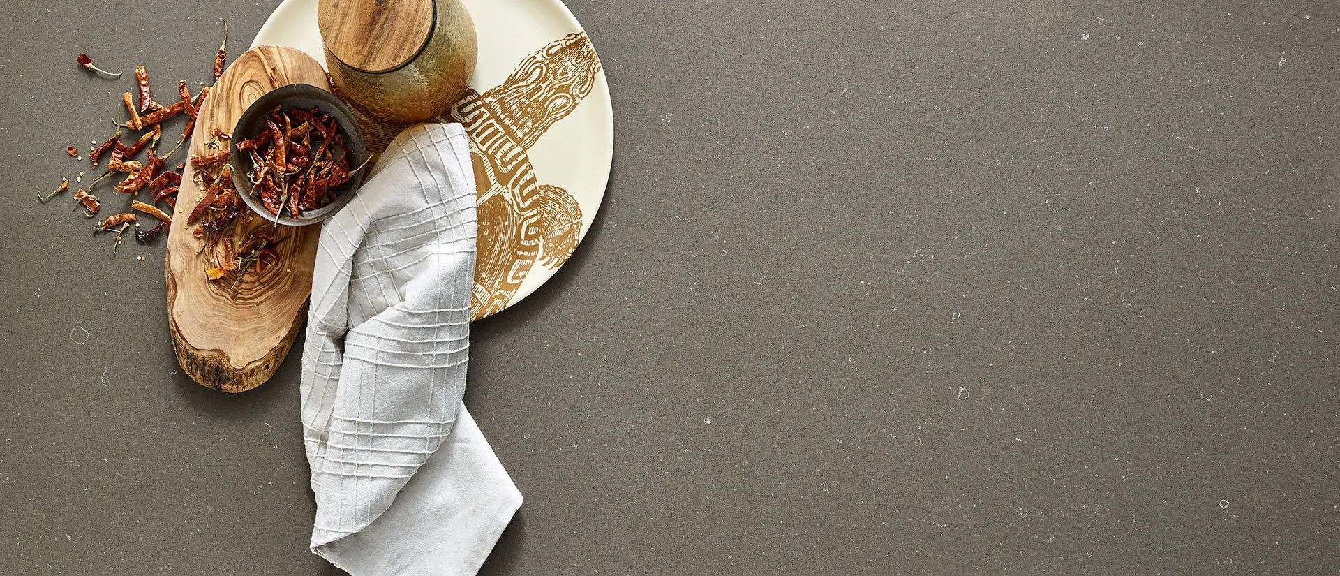 Image of installed Q Quartz Fossil Brown Quartz countertops