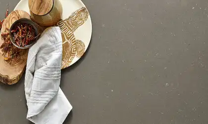 Image of installed Q Quartz Fossil Brown Quartz countertops