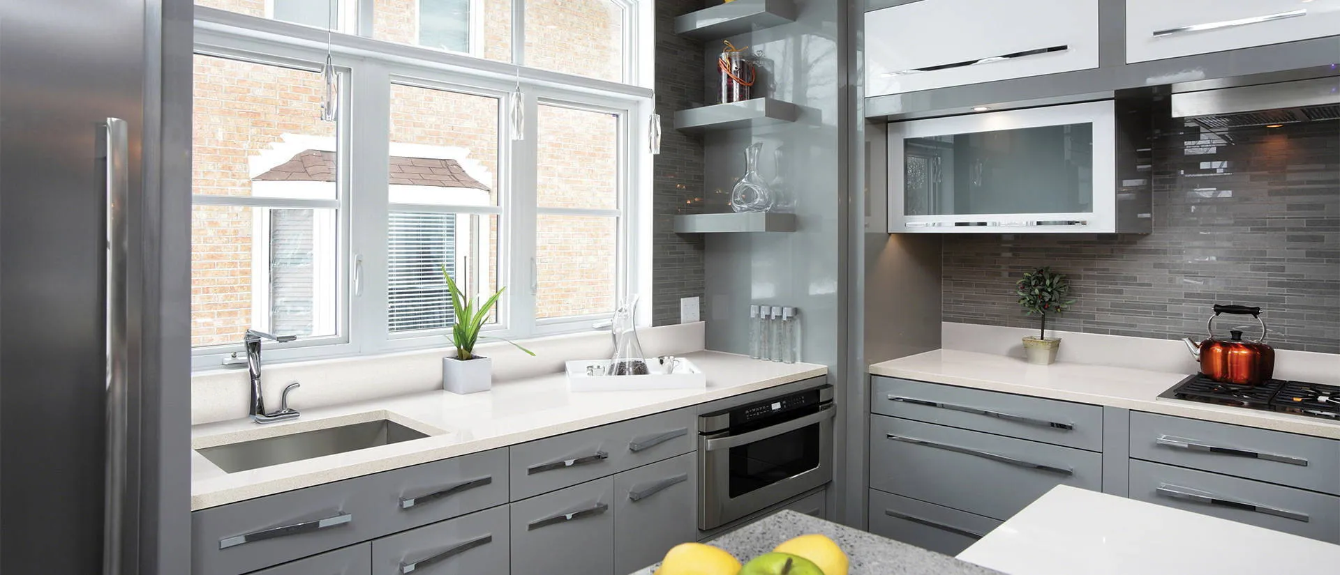 Image of installed Q Quartz Frost White Quartz countertops