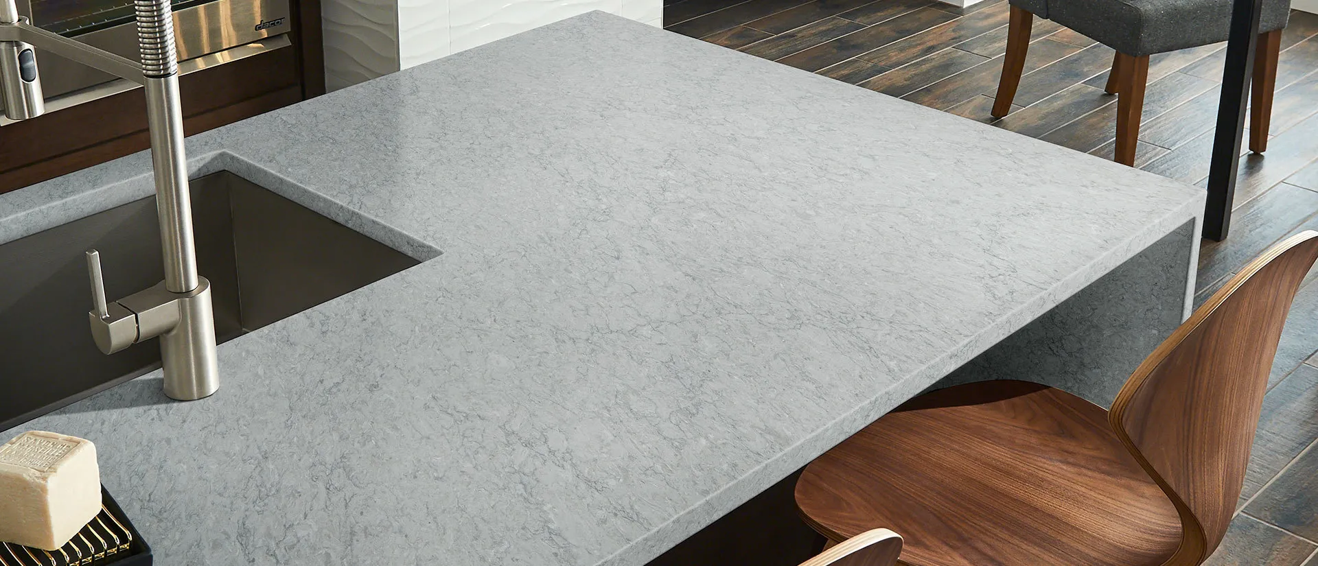 Image of installed Q Quartz Galant Gray Quartz countertops