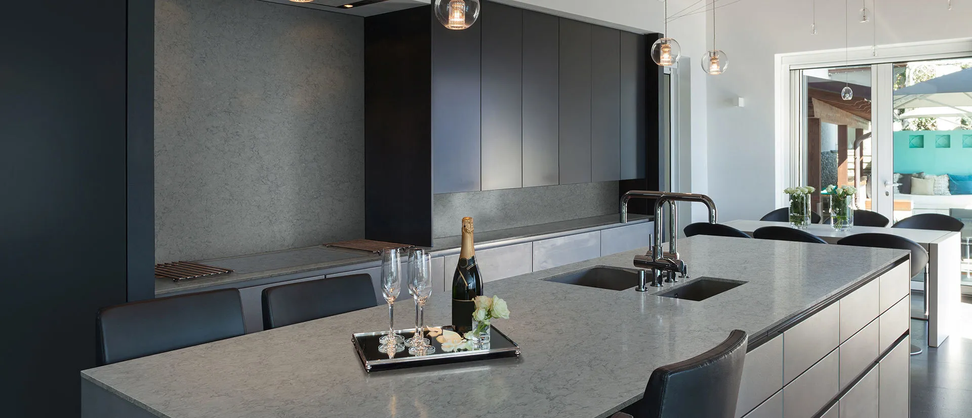 Image of installed Q Quartz Galant Gray Quartz countertops