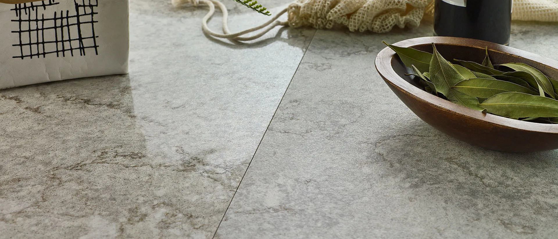 Image of installed Q Quartz Gray Lagoon Quartz countertops