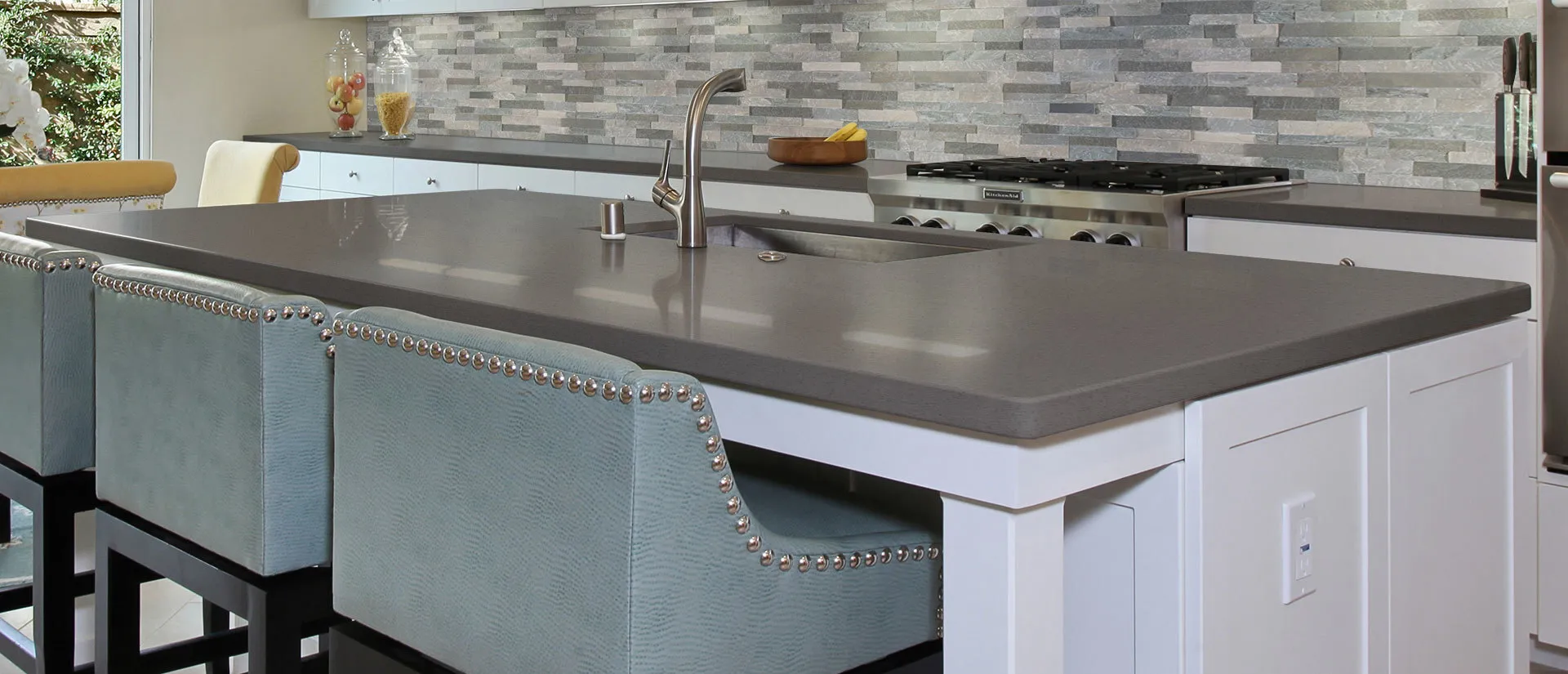 Image of installed Q Quartz Iced Gray Quartz countertops