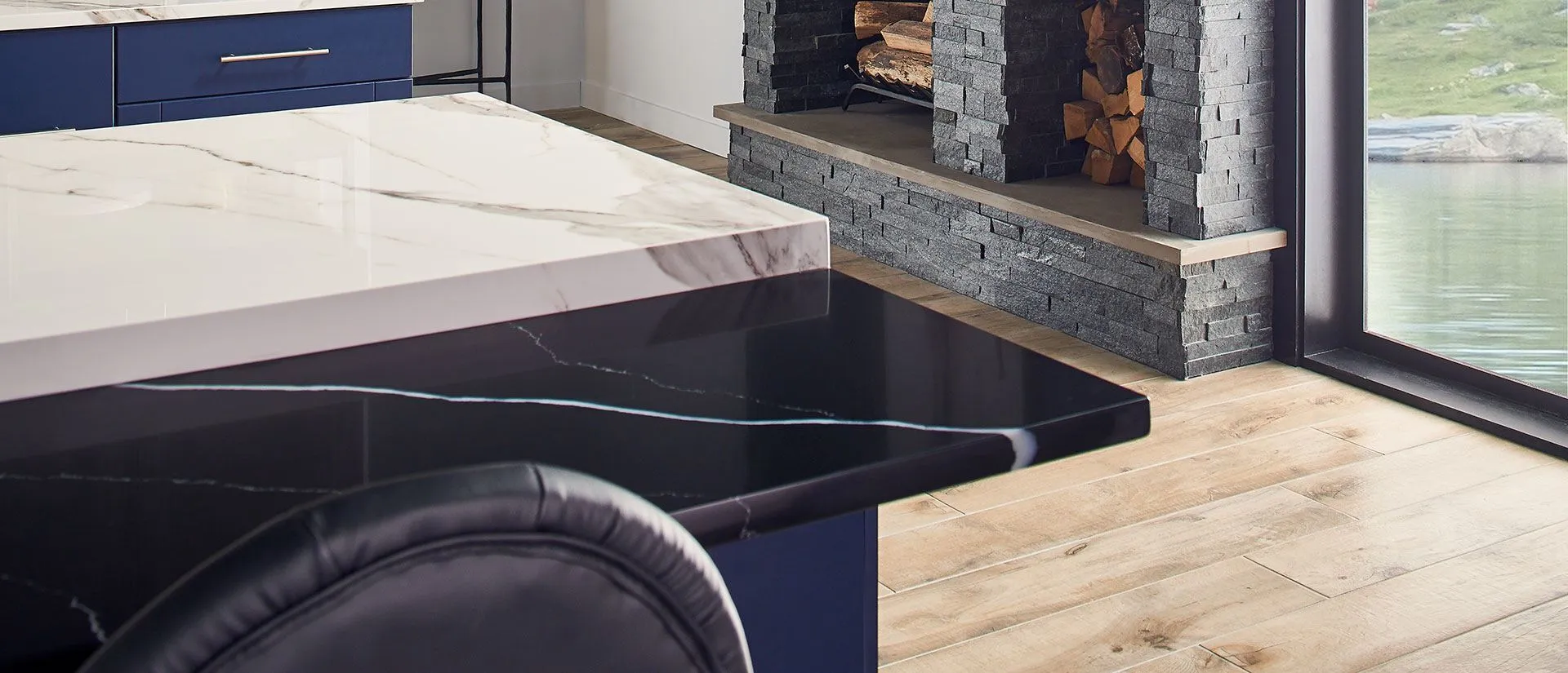Image of installed Q Quartz Marquina Midnight Quartz countertops
