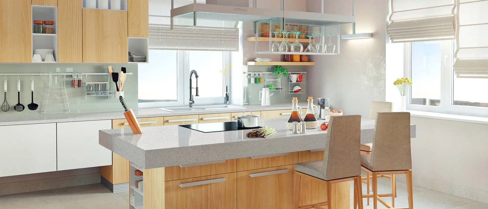 Image of installed Q Quartz Meridian Gray Quartz countertops