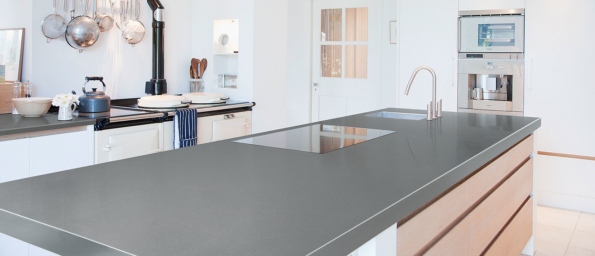 Image of installed Q Quartz Mirano Gray Quartz countertops
