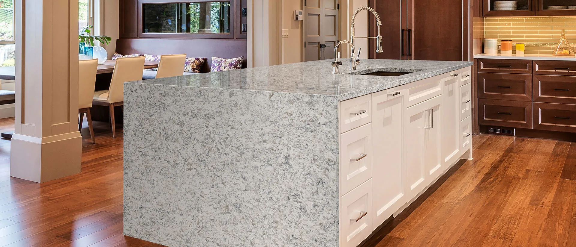 Image of installed Q Quartz Montclair White White Quartz countertops