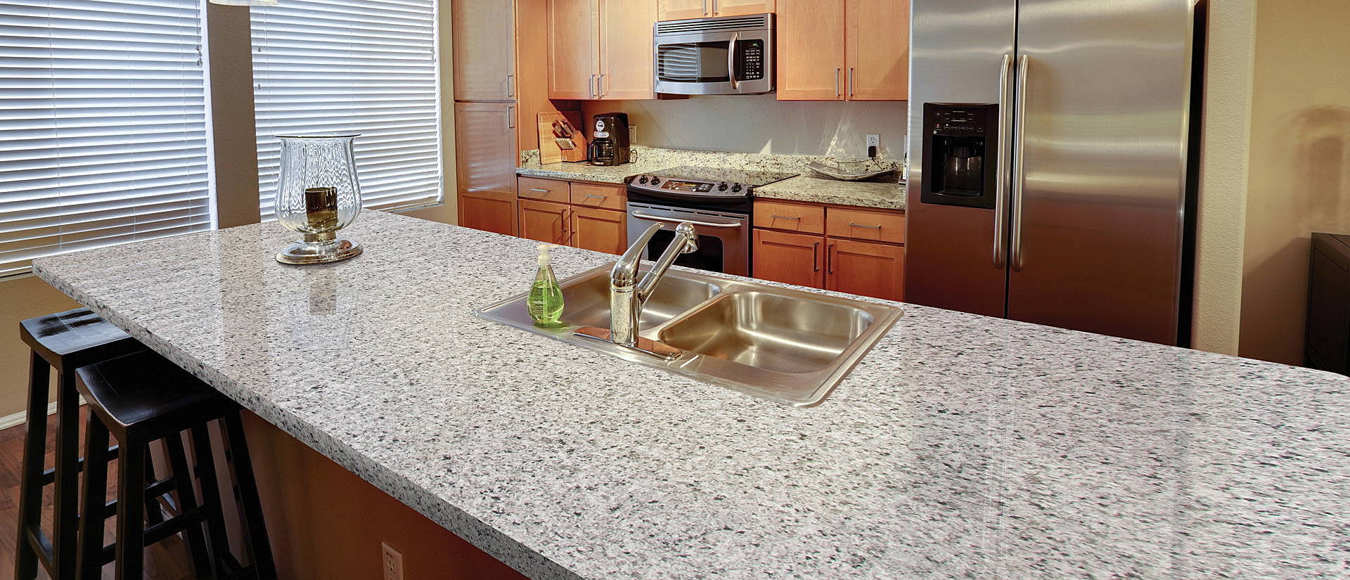 Image of installed Q Quartz Pearl Gray Quartz countertops