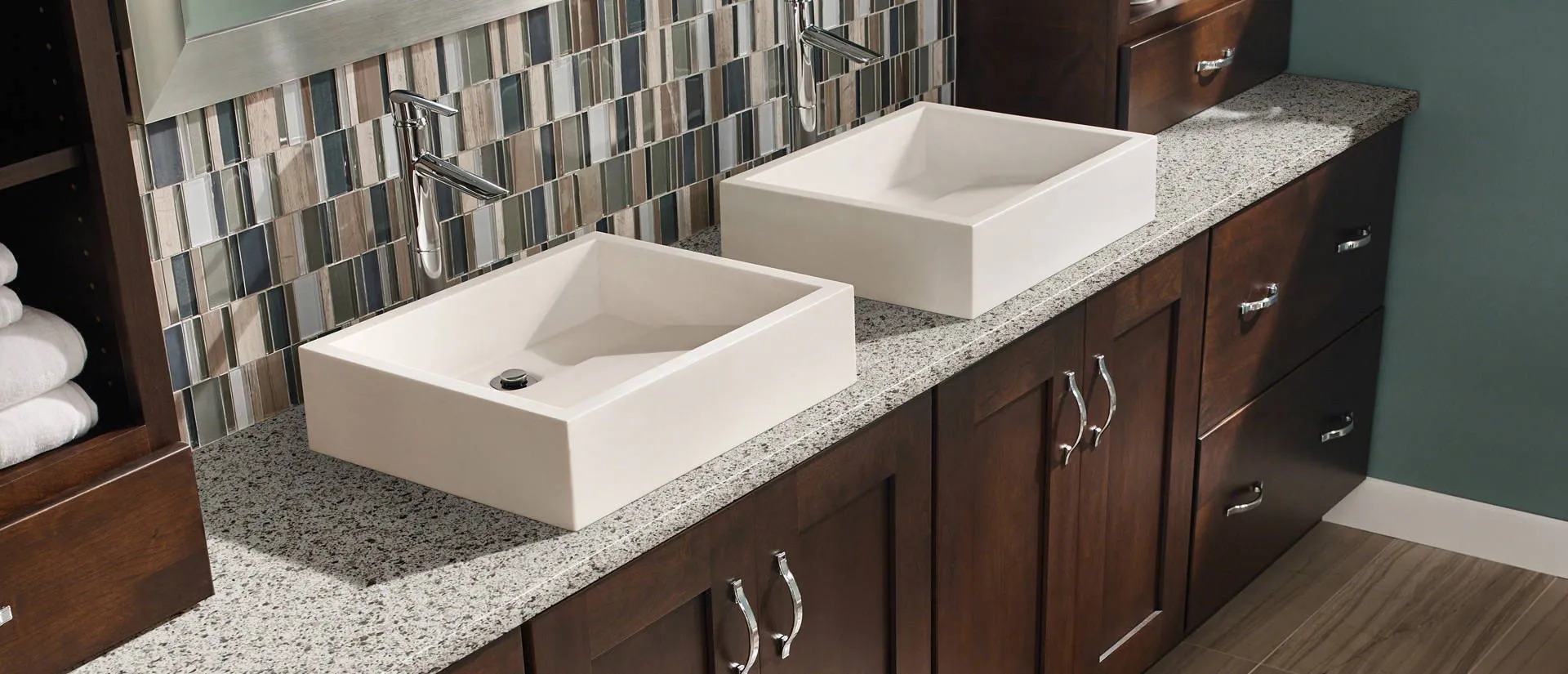 Image of installed Q Quartz Peppercorn White Brown Quartz countertops