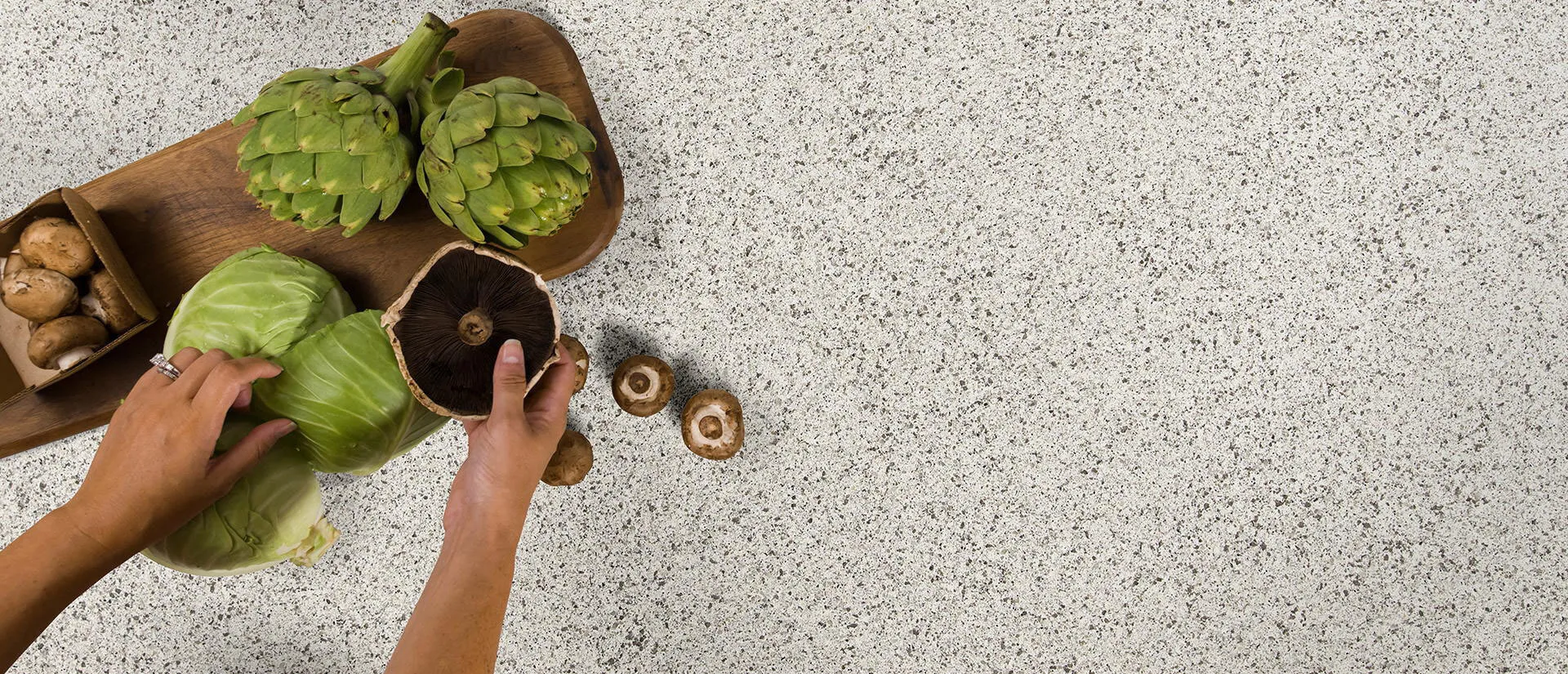 Image of installed Q Quartz Peppercorn White Brown Quartz countertops