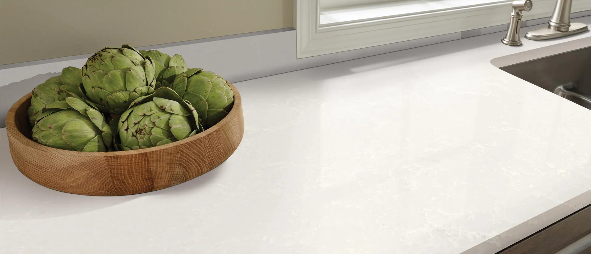 Image of installed Q Quartz Perla White White Quartz countertops